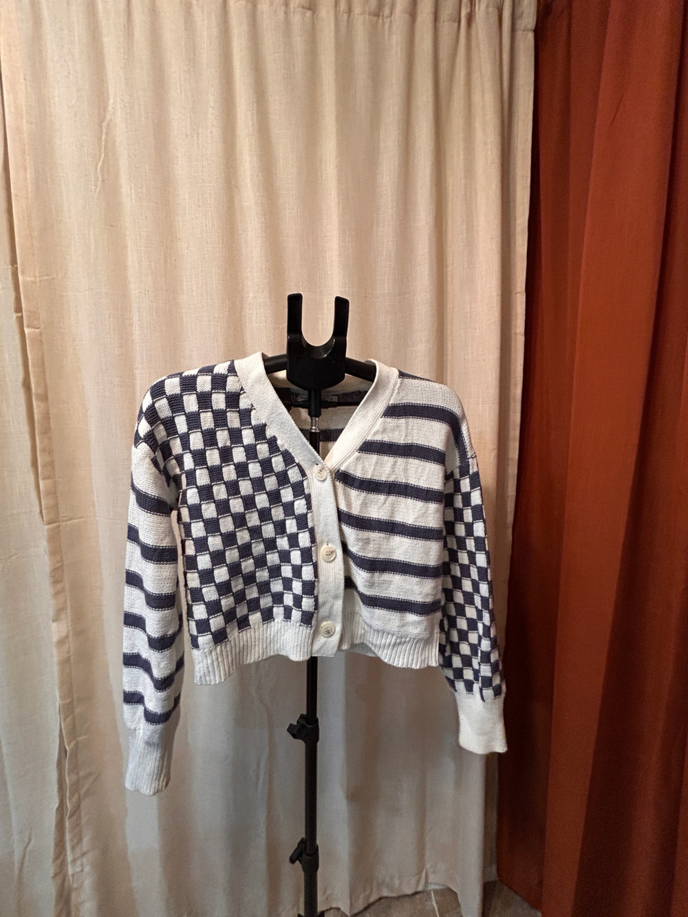 Moon & Madison Cardigan Sweater Checkerboard Striped Knit V-Neck Button Up